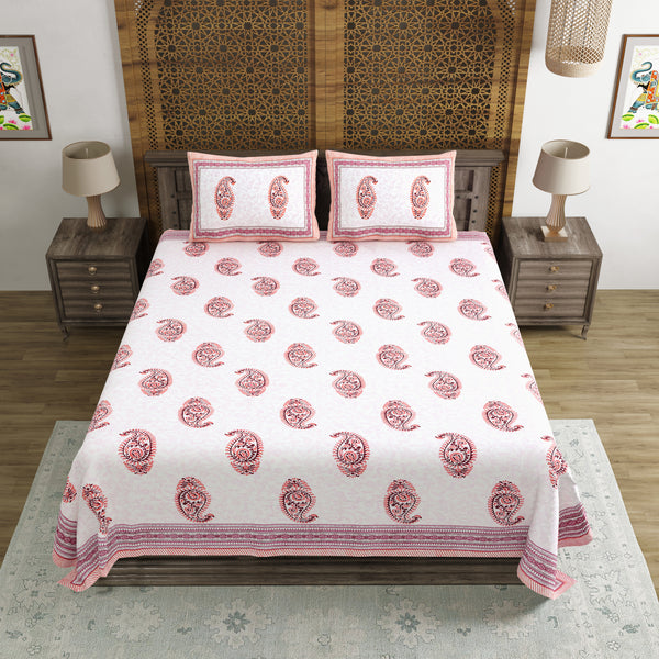 King Size Pure Cotton Hand Block Print Bedsheet (Pink Paisley)