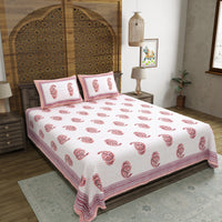 King Size Pure Cotton Hand Block Print Bedsheet (Pink Paisley)