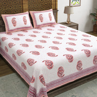 King Size Pure Cotton Hand Block Print Bedsheet (Pink Paisley)