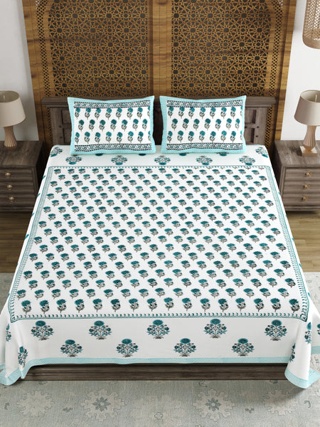 King Size Pure Cotton Hand Block Print Bedsheet (Turq Buta)