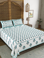 King Size Pure Cotton Hand Block Print Bedsheet (Turq Buta)