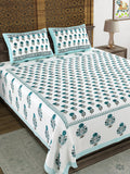 King Size Pure Cotton Hand Block Print Bedsheet (Turq Buta)