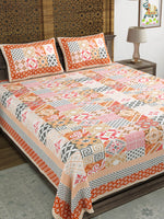 King Size Pure Cotton Hand Block Print Bedsheet (Orange Chokdi - IKAT)