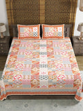 King Size Pure Cotton Hand Block Print Bedsheet (Orange Chokdi - IKAT)