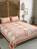 King Size Pure Cotton Hand Block Print Bedsheet (Orange Chokdi - IKAT)