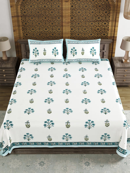King Size Pure Cotton Hand Block Print Bedsheet (Blue Lily)