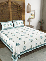 King Size Pure Cotton Hand Block Print Bedsheet (Blue Lily)