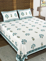 King Size Pure Cotton Hand Block Print Bedsheet (Blue Lily)