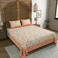 King Size Pure Cotton Hand Block Print Bedsheet (Orange Chidiya)