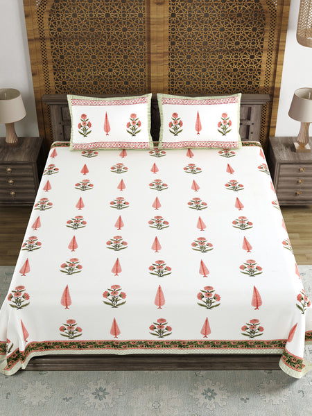 King Size Pure Cotton Hand Block Print Bedsheet (Peach Paisley)