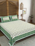 Hand Block Print Cotton King Size Bedsheet (Green Buti)
