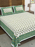 Hand Block Print Cotton King Size Bedsheet (Green Buti)