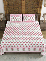 King Size Pure Cotton Hand Block Print Bedsheet (Pink Grey Flower)