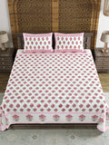 King Size Pure Cotton Hand Block Print Bedsheet (Pink Grey Flower)