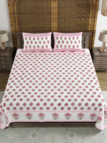 King Size Pure Cotton Hand Block Print Bedsheet (Pink Grey Flower)