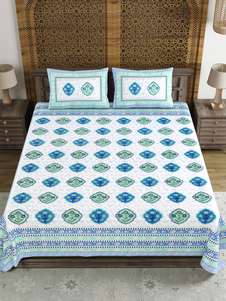 King Size Pure Cotton Hand Block Print Bedsheet (Blue Green Rose)