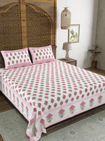 King Size Pure Cotton Hand Block Print Bedsheet (Pink Grey Flower)