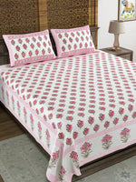 King Size Pure Cotton Hand Block Print Bedsheet (Pink Grey Flower)