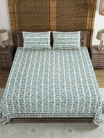 King Size Pure Cotton Hand Block Print Bedsheet (Green Bel)