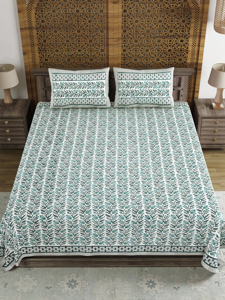 King Size Pure Cotton Hand Block Print Bedsheet (Green Bel)