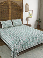 King Size Pure Cotton Hand Block Print Bedsheet (Green Bel)