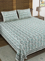 King Size Pure Cotton Hand Block Print Bedsheet (Green Bel)