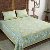 BLOCKS OF INDIA Hand Block Print 300 TC Cotton King Size Bedsheet Green Gad Paisley