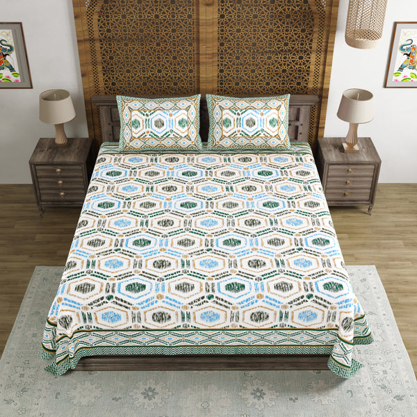 BLOCKS OF INDIA Hand Block Print Cotton King Size Bedsheet (225 X 270 CM) (Green Ikat)