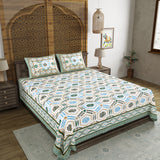 BLOCKS OF INDIA Hand Block Print Cotton King Size Bedsheet (90 X 108 INCH) (Green Ikat)