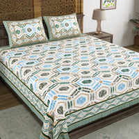 BLOCKS OF INDIA Hand Block Print Cotton King Size Bedsheet (90 X 108 INCH) (Green Ikat)