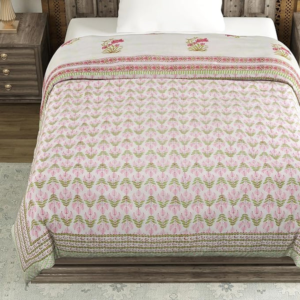 Cotton Single Size Quilt/ Rajai Hand Block Print for Light Winters (150x225 cm) (Green Leaf)
