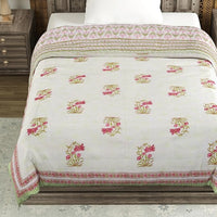 Cotton Single Size Quilt/ Rajai Hand Block Print for Light Winters (150x225 cm) (Green Leaf)