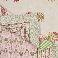 Cotton Single Size Quilt/ Rajai Hand Block Print for Light Winters (150x225 cm) (Green Leaf)