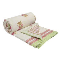 Cotton Single Size Quilt/ Rajai Hand Block Print for Light Winters (150x225 cm) (Green Leaf)