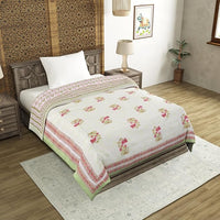Cotton Single Size Quilt/ Rajai Hand Block Print for Light Winters (150x225 cm) (Green Leaf)
