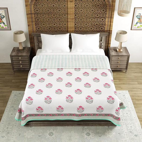Cotton Dohar / Blanket King Bed Size Hand Block Printed (Green Buta New)