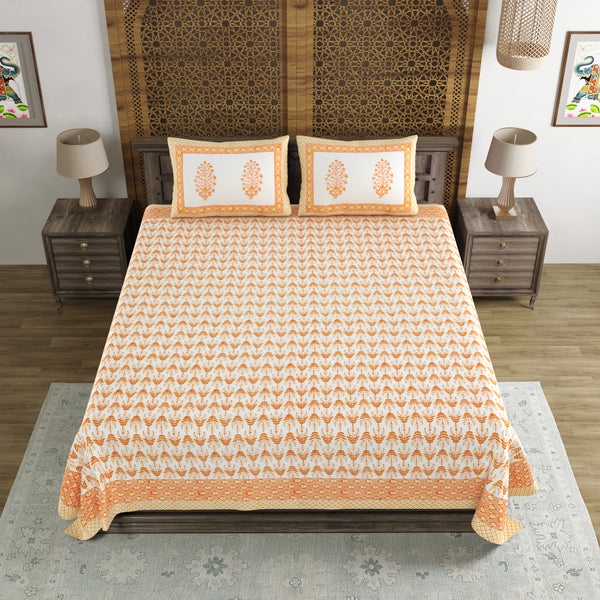 BLOCKS OF INDIA Hand Block Print Cotton King Size Bedsheet (Orange Leaf)