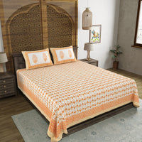 BLOCKS OF INDIA Hand Block Print Cotton King Size Bedsheet (Orange Leaf)