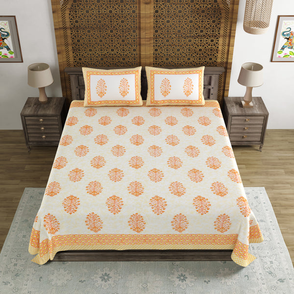 BLOCKS OF INDIA Hand Block Print Cotton King Size Bedsheet (Orange Pot)