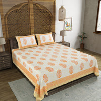 BLOCKS OF INDIA Hand Block Print Cotton King Size Bedsheet (Orange Pot)