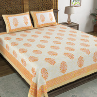 BLOCKS OF INDIA Hand Block Print Cotton King Size Bedsheet (Orange Pot)