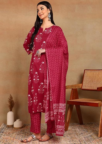 BLOCKS OF INDIA Cotton Hand Block Printed Kurta Pant Set with Dupatta, Traditional Indian Style (Pink)
