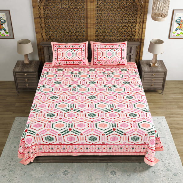 BLOCKS OF INDIA Hand Block Print Cotton King Size Bedsheet (225 X 270 cm) (Pink Ikat)