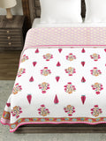 Hand Block Printed 100% Cotton Dohar King Size Reversible (Pink Pine Rose)