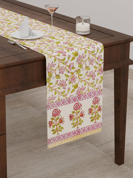 BLOCKS OF INDIA Hand Block Printed Cotton Table Runner for Center/Dining Table (33 x 180 cm) (Pink Rose)