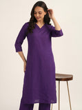 Women Solid Kurta With Trouser (Purple)