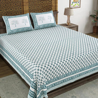 BLOCKS OF INDIA Hand Block Print Cotton King Size Bedsheet (Blue Buti)