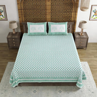 BLOCKS OF INDIA Hand Block Print Cotton King Size Bedsheet (Green Buti)