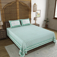 BLOCKS OF INDIA Hand Block Print Cotton King Size Bedsheet (Green Buti)
