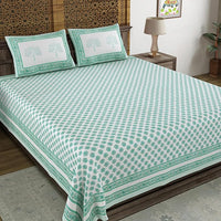 BLOCKS OF INDIA Hand Block Print Cotton King Size Bedsheet (Green Buti)